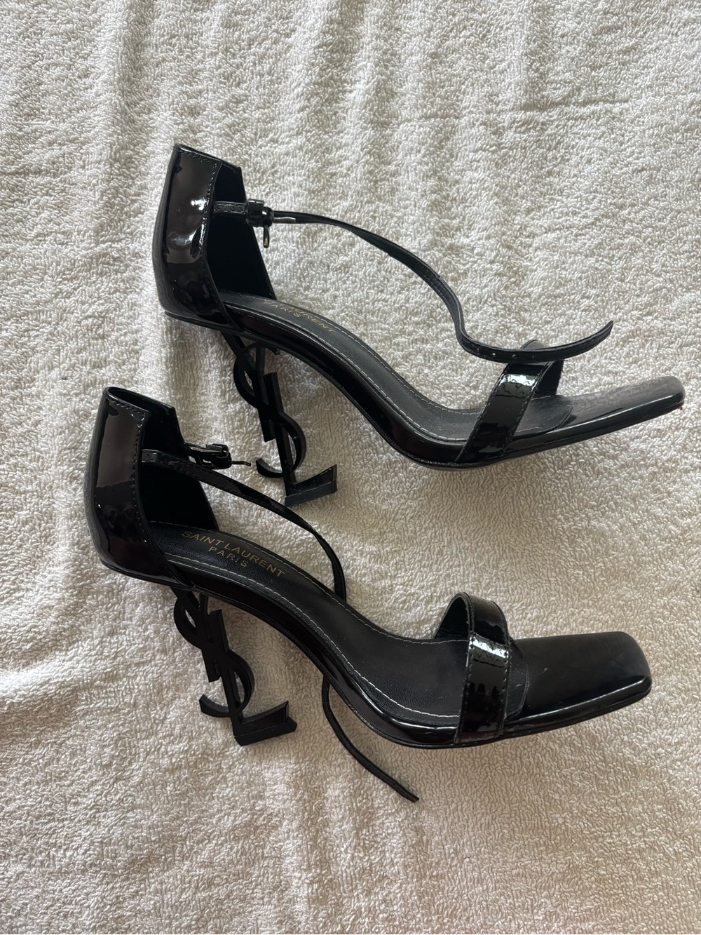 Saint Laurent Black Patent Opyum Logo Heel Sandals with Ankle Strap - Picture 3 of 6